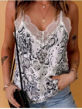 Lace-Trim Snake Print Cami Tank Top - White/Black